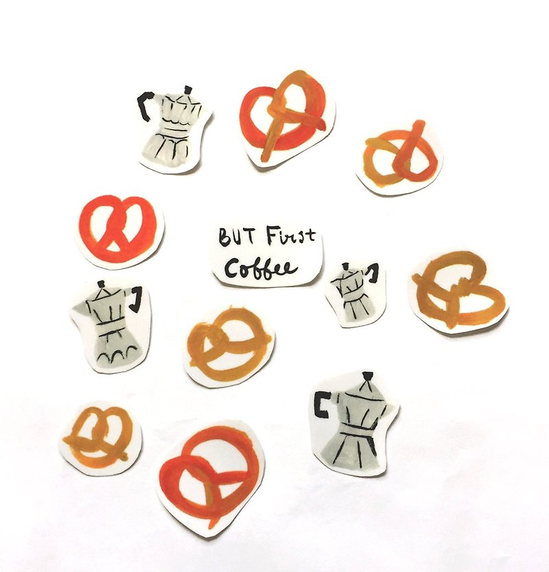 摩卡壶透明贴纸  咖啡手剪贴纸 手写英文字 德国蝴蝶面包一包12入 - 贴纸 - 塑料 橘色