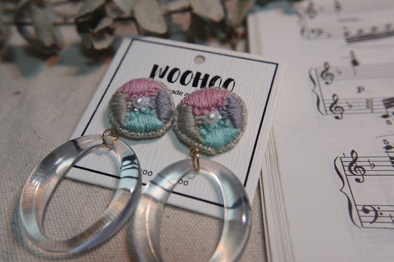 几何拼色刺绣耳环耳夹925耳针 | 粉色 | 香港制造 - 耳环/耳夹 - 绣线 多色
