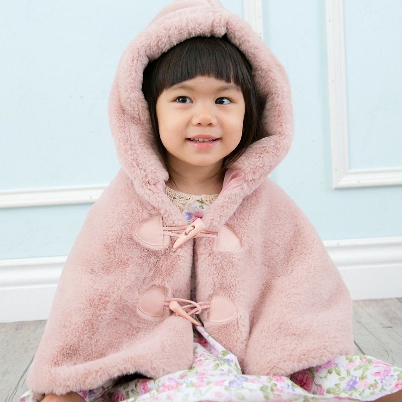 保暖毛绒连帽斗篷 披风外套 素色款 Pinky 干燥玫瑰粉 - 童装外套 - 聚酯纤维 粉红色