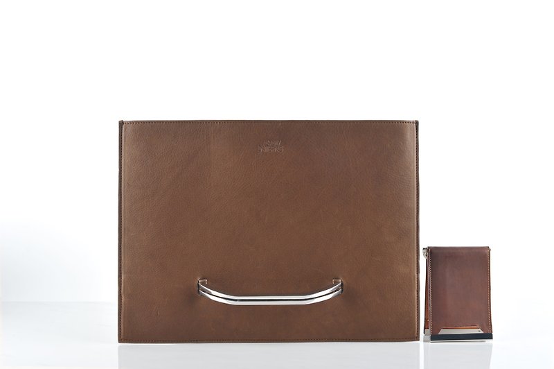 SALE Slate briefcase and Raze wallet set in brown distressed leather (SET) - 公文包/医生包 - 真皮 咖啡色