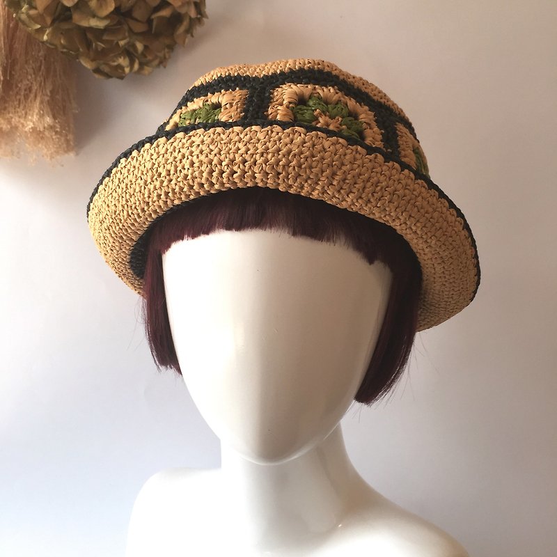 憨与慢需要学习手作编织㡌/草帽/遮阳帽    绿色系 - 帽子 - 纸 卡其色