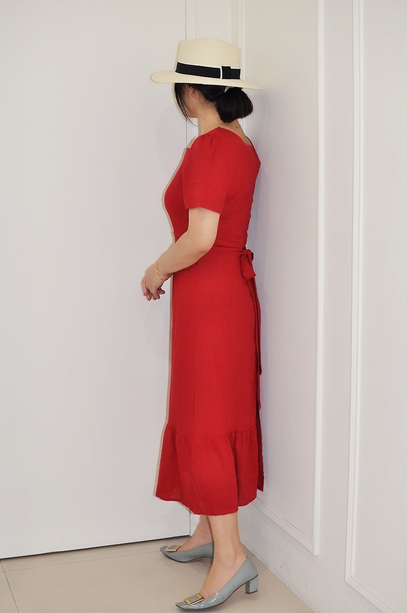 Flat 135 X 台湾设计师系列 红色棉麻短袖长洋装 短袖洋装 - 洋装/连衣裙 - 棉．麻 红色