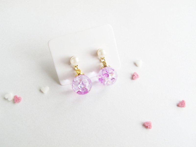 Rosy Garden 丁香优雅淡紫色水晶玻璃球珍珠垂吊耳环 可换耳夹式 - 耳环/耳夹 - 玻璃 紫色
