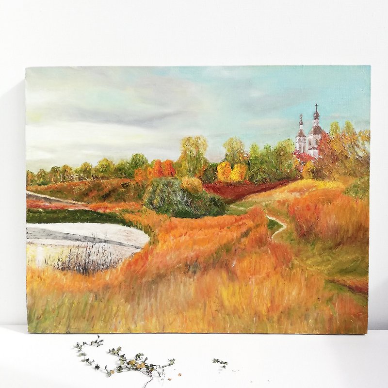 Autumn Landscape Painting Lake Original Art Autumn Oil Painting Wall Home Art - 海报/装饰画/版画 - 棉．麻 多色