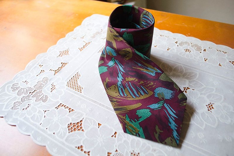 酒红冷色笔触华丽怀旧印花窄版领带 #Vintage #古着 #莞洱 - 领带/领带夹 - 聚酯纤维 