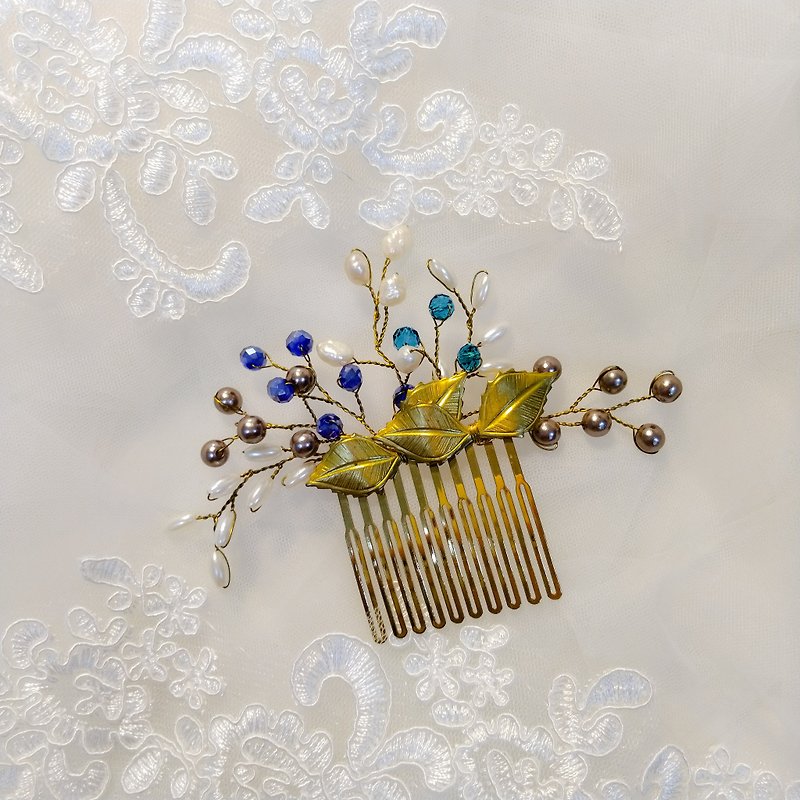 戴上幸福的饰 稻穗系列-新娘发梳.法国梳.自助婚礼-蓝绿羽翼 - 发饰 - 其他金属 金色
