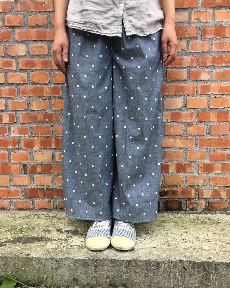 日式宽版口袋点点纯棉宽长裤 - 女装长裤 - 其他材质 蓝色
