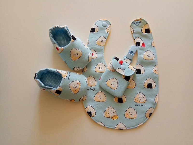 饭团小子弥月礼物 婴儿鞋+婴儿围兜+平安符袋 - 满月礼盒 - 棉．麻 蓝色