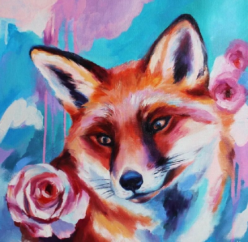 彩色狐狸绘画动物原创艺术画布狐狸油画艺术品动物艺术 - 墙贴/壁贴 - 其他材质 橘色