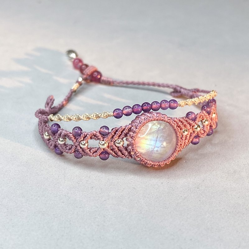 |回環|薰衣草的浪漫 月光石 手工編織 臘線 手鏈 - 手链/手环 - 宝石 粉红色