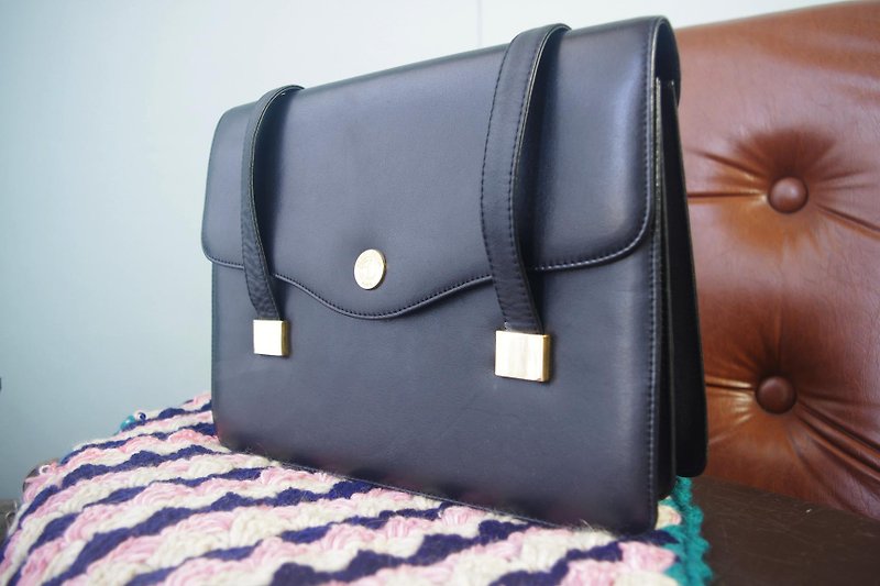 欧洲古董包-法式简约中性黑色手提方包 - 侧背包/斜挎包 - 真皮 黑色