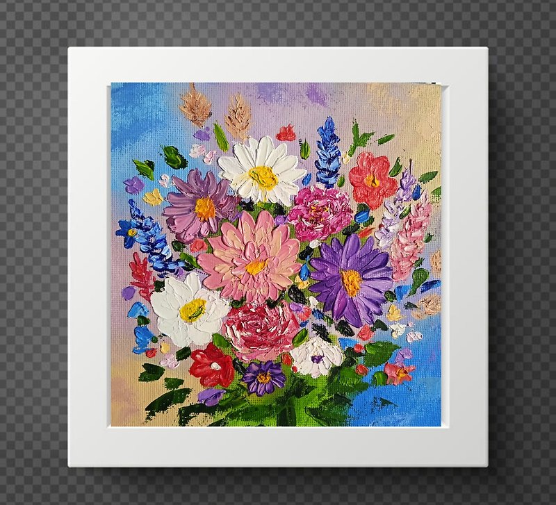 油画鲜艳的花朵洋甘菊罂粟Impasto艺术微型6x6英寸 - 墙贴/壁贴 - 其他材质 多色