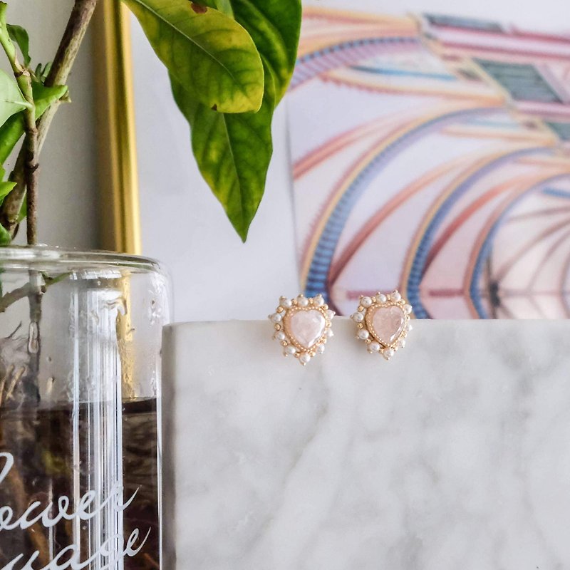 ALYSSA & JAMES 珍珠粉红水晶心型耳环 925银针 - 耳环/耳夹 - 半宝石 粉红色