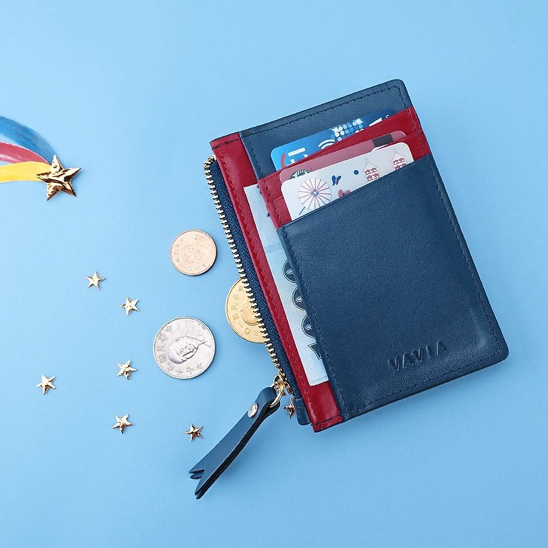 Navy Blue & Red Trim: Zipped Card Purse / Cow Leather - 皮夹/钱包 - 真皮 蓝色