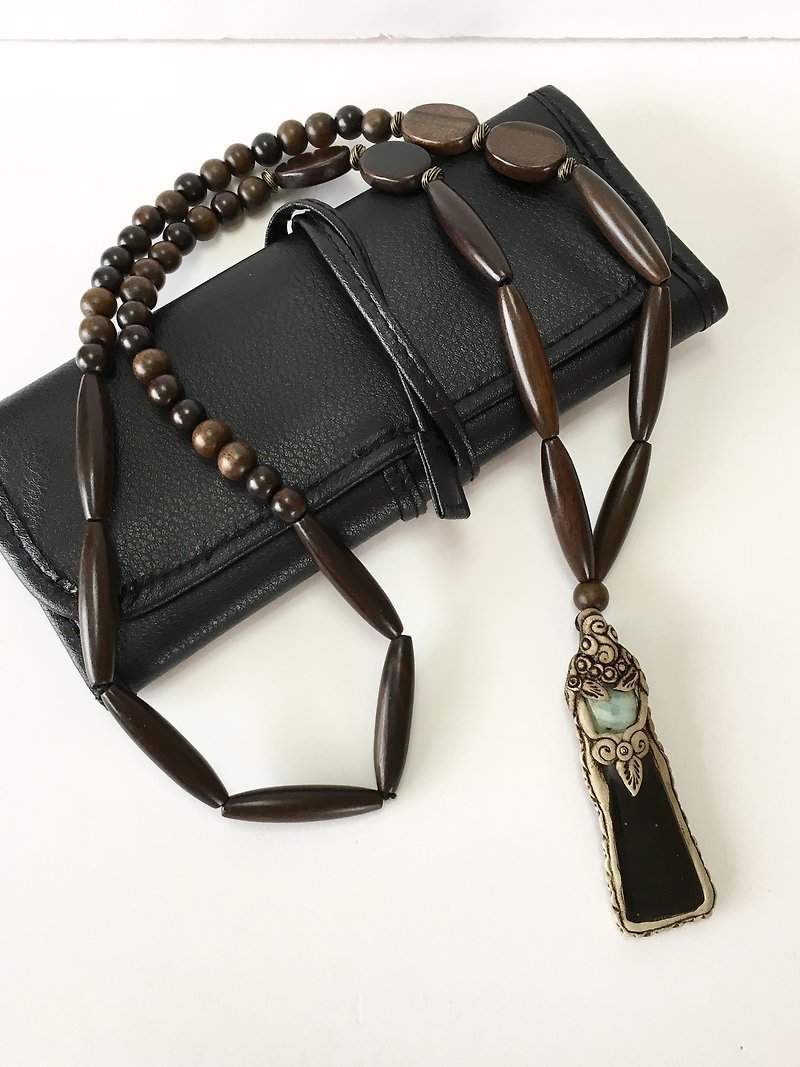 Polymer cry and gemstone necklace Ebony long necklace - 长链 - 石头 咖啡色