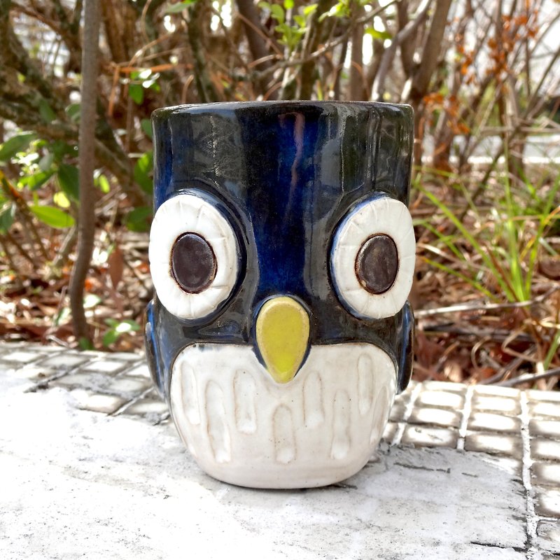 可爱蓝色猫头鹰陶艺杯 - 咖啡杯/马克杯 - 陶 蓝色