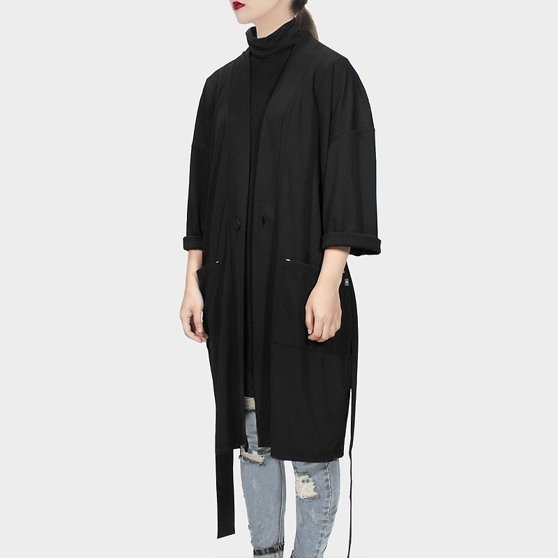 【ionism】拼接睡袍黑 - 男装外套 - 聚酯纤维 黑色