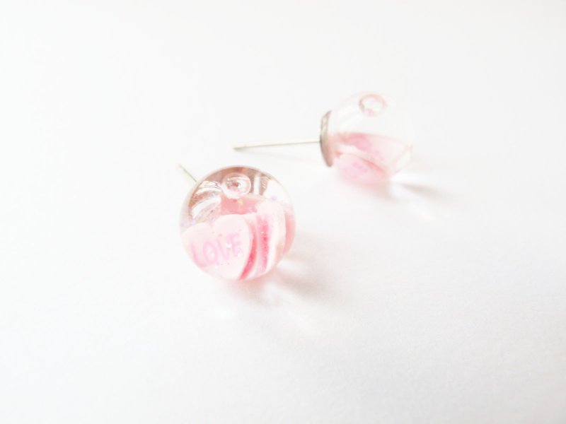 ＊Rosy Garden＊ 粉红爱心亮粉流动水晶球耳环 - 耳环/耳夹 - 其他材质 粉红色