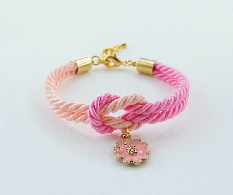 Pink and Peach tie the knot bracelet with flower charm - 手链/手环 - 其他材质 粉红色