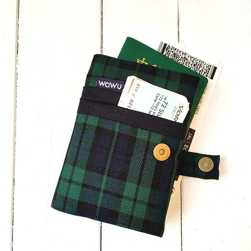 护照套+扣带 (深蓝绿格)  接单生产* - 护照夹/护照套 - 棉．麻 绿色