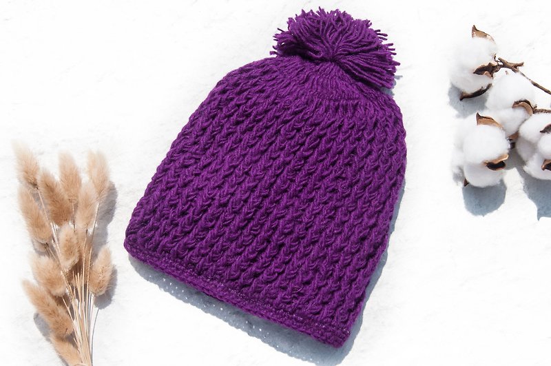 手织纯羊毛帽/针织毛帽/内刷毛手织毛帽/手工针织毛线帽 -葡萄紫 - 帽子 - 羊毛 紫色