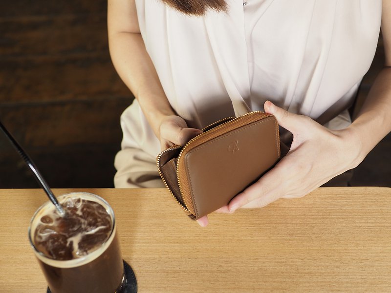 Classic coin (Coffee) Mini wallet, Leather , brown wallet, mini zip wallet - 零钱包 - 真皮 咖啡色
