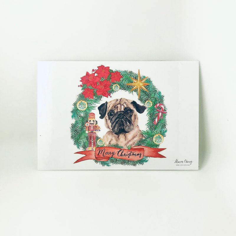 手绘水彩八哥犬圣诞卡 圣诞明信片 - 卡片/明信片 - 纸 白色