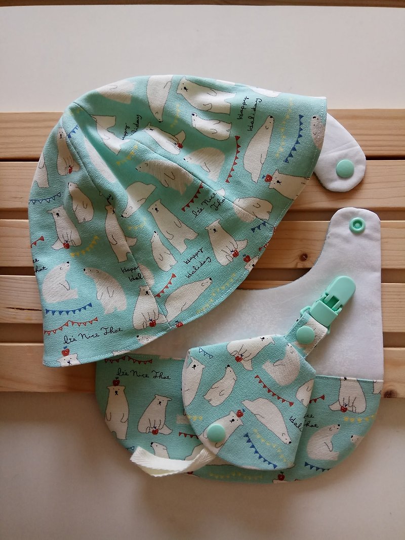 湖水绿北极熊  弥月礼物 围兜+婴儿帽+二合一奶嘴夹 - 满月礼盒 - 棉．麻 绿色