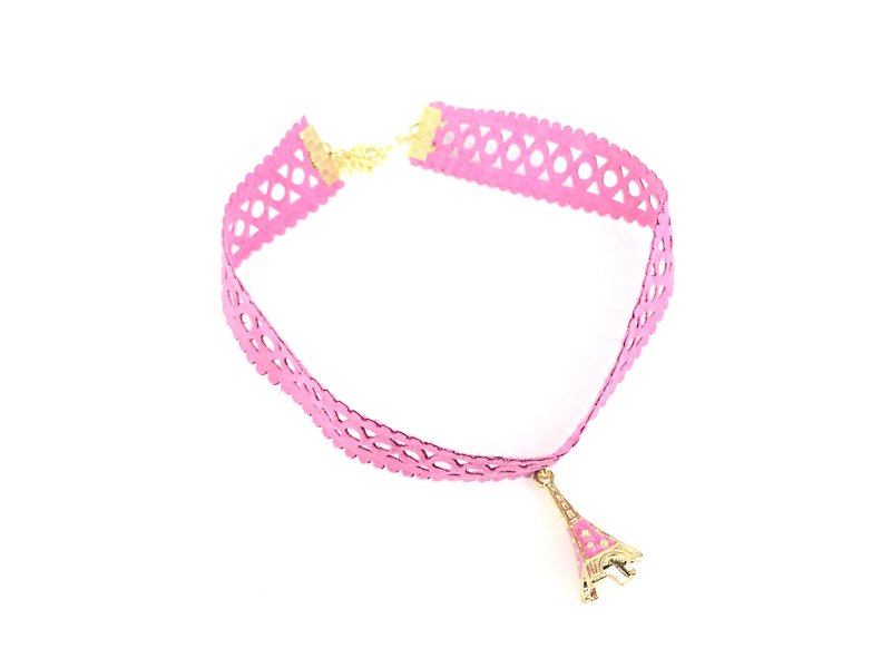 粉色宽版雕花颈链-粉色铁塔 - 项链 - 真皮 粉红色
