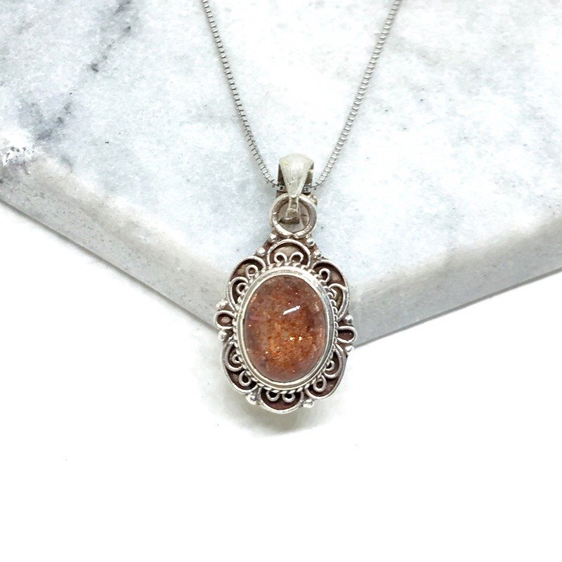太阳石日光石925纯银古典设计项链 尼泊尔手工镶嵌制作 - 项链 - 宝石 橘色