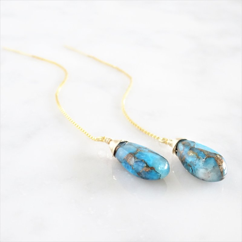 14kgf*Blue Paraiba Copper Turquoise American pierced earring - 耳环/耳夹 - 宝石 蓝色