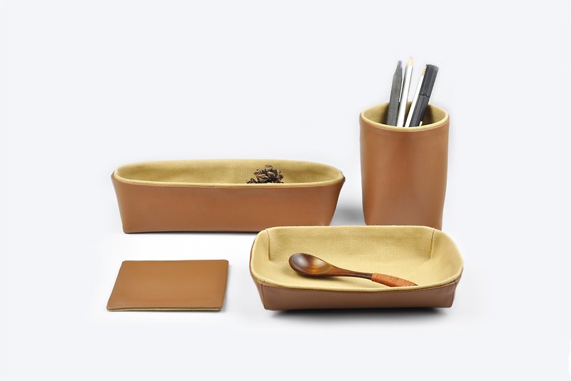桌面收纳组 储物盒 笔筒 托盘 杯垫 棕色 - 收纳用品 - 人造皮革 咖啡色