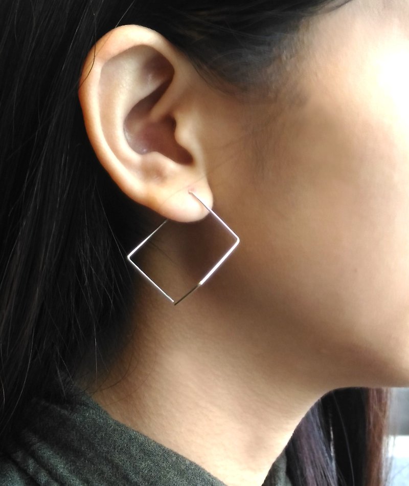 轻耳饰, 纯银耳环, 空间方线一对(正方款), 设计师手工银饰 - 耳环/耳夹 - 纯银 银色