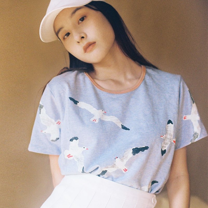 Free Bird ~ Short sleeve Crop Top // Light Blue - 女装 T 恤 - 棉．麻 