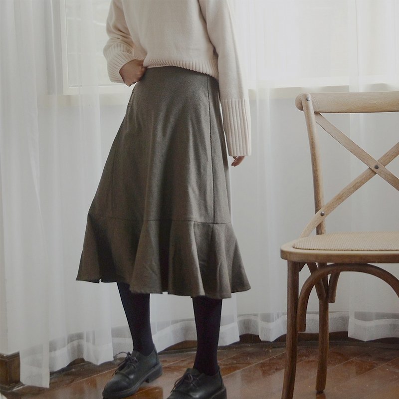 深墨绿高腰半身裙|裙子|秋冬款|羊毛混纺|独立品牌|Sora-215 - 裙子 - 羊毛 
