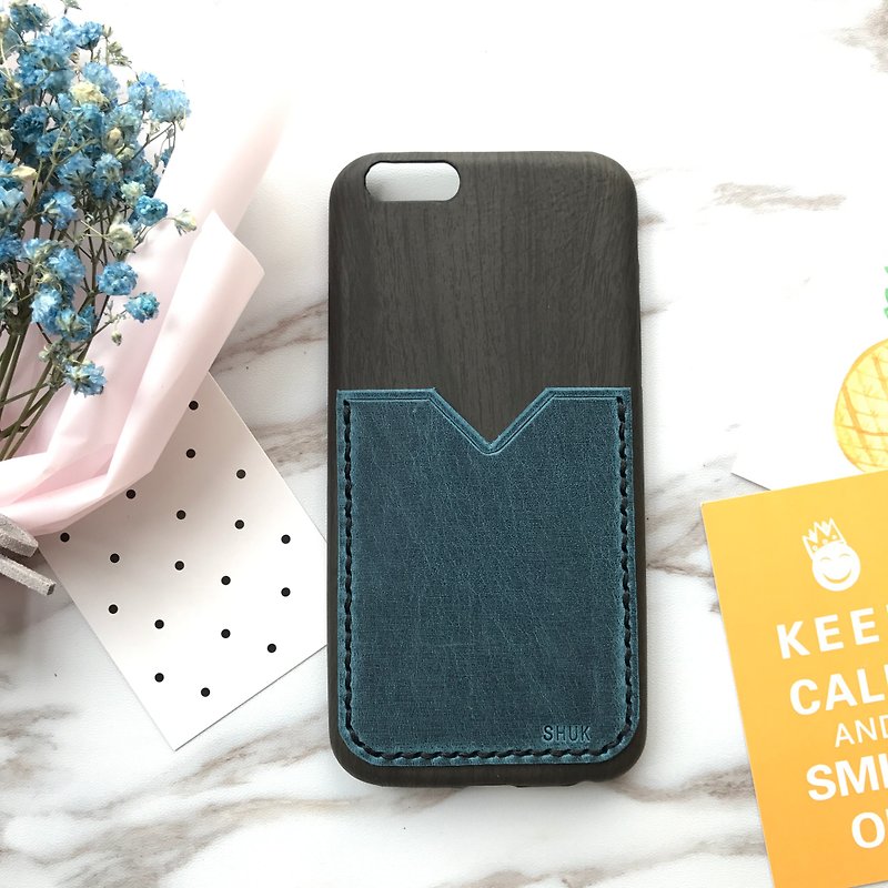 木纹手机壳拼皮革 - 手机壳/手机套 - 真皮 蓝色