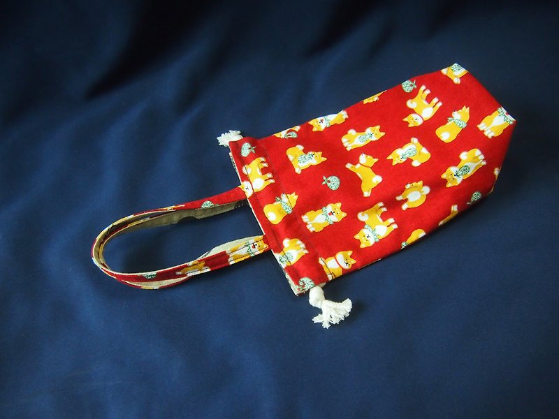 双面束口小提袋--暗红柴犬X日式家纹 - 手提包/手提袋 - 棉．麻 红色