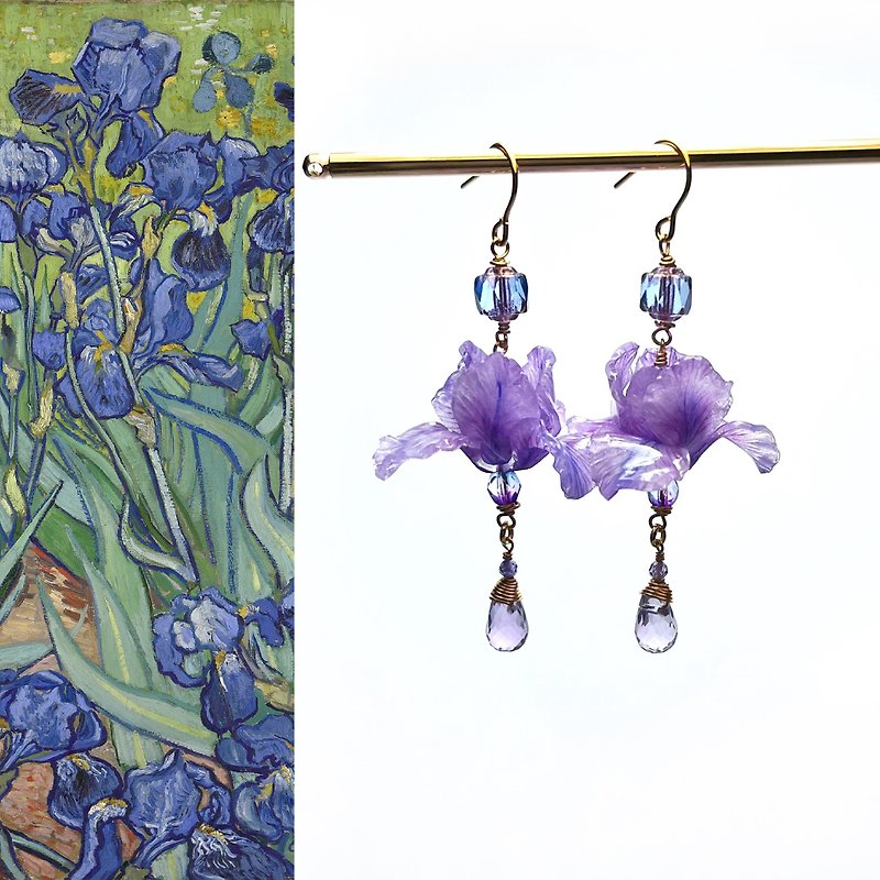 【微缩花房】鸢尾花Iris。欧洲水晶/树脂耳环。浪漫蓝雾紫。 - 耳环/耳夹 - 树脂 紫色