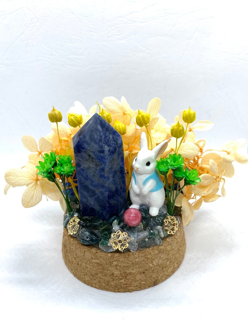 粉橘花园。小白兔与蓝纹石-手工玻璃罩公仔/水晶/干燥花摆设 - 摆饰 - 水晶 