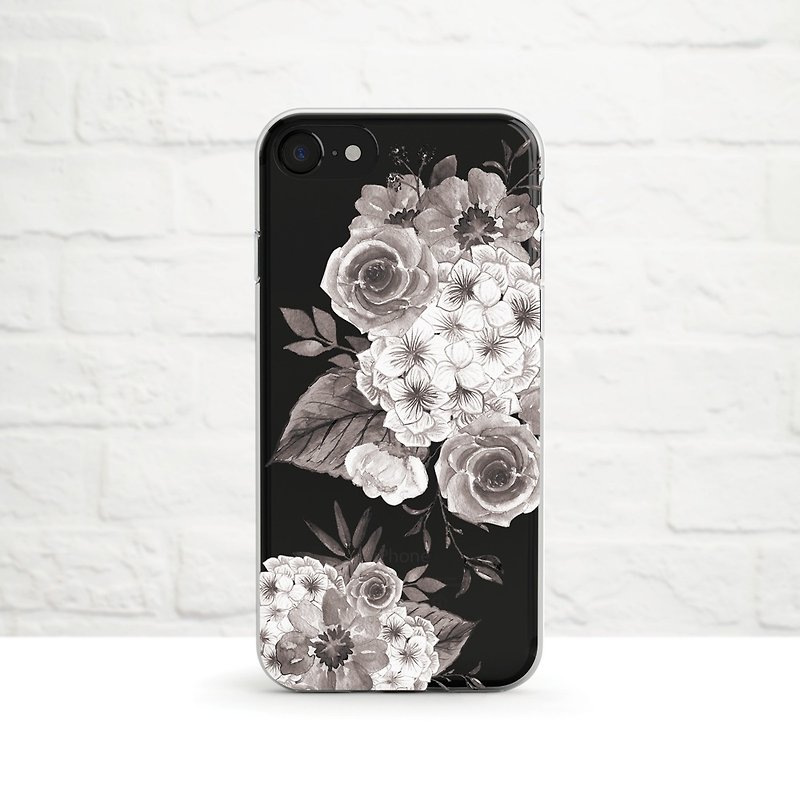 繁花- 黑白- 防摔透明软壳- iPhone 14, pro max, SE3 Samsung - 手机壳/手机套 - 硅胶 黑色