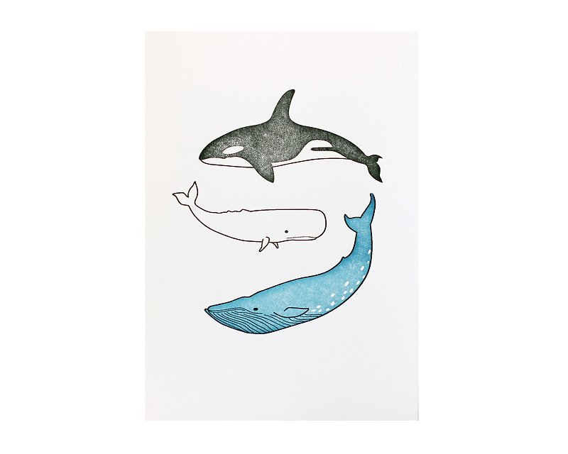 Napakas 3 Whales - 5x7 Letterpress Print - 海报/装饰画/版画 - 纸 蓝色