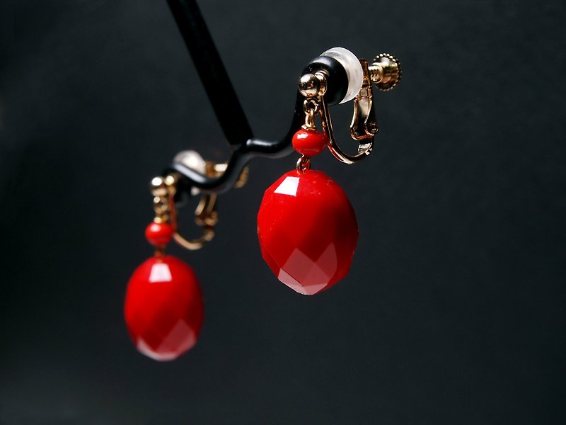 威尼斯穆拉诺琉璃珠耳环 #GE0422 红色切割面珠 - 耳环/耳夹 - 玻璃 红色