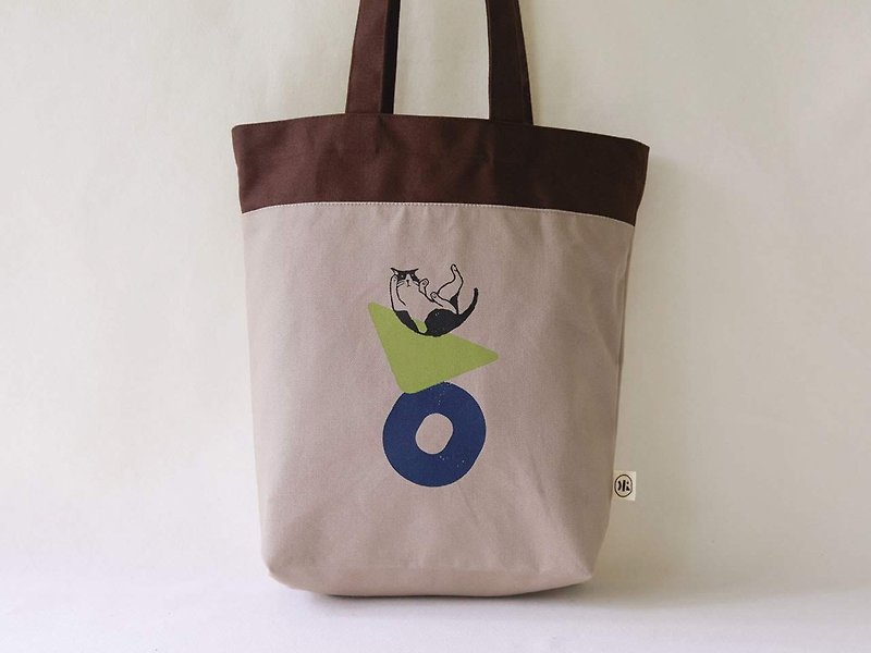 【拼接提袋】- 叠叠猫 - 手提包/手提袋 - 棉．麻 咖啡色