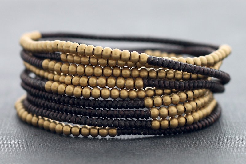 串珠手链包裹编织棕色绞线黄铜中性 - 手链/手环 - 棉．麻 咖啡色