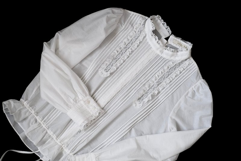 复古衬衫 vintage 法国蕾丝 leavers lace 风琴褶 手工做 - 女装衬衫 - 棉．麻 白色