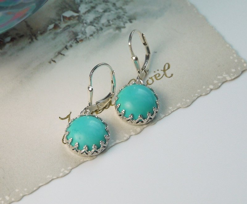 天然绿松石 法式耳勾 手工珠宝 Turquoise earrings - 耳环/耳夹 - 宝石 蓝色