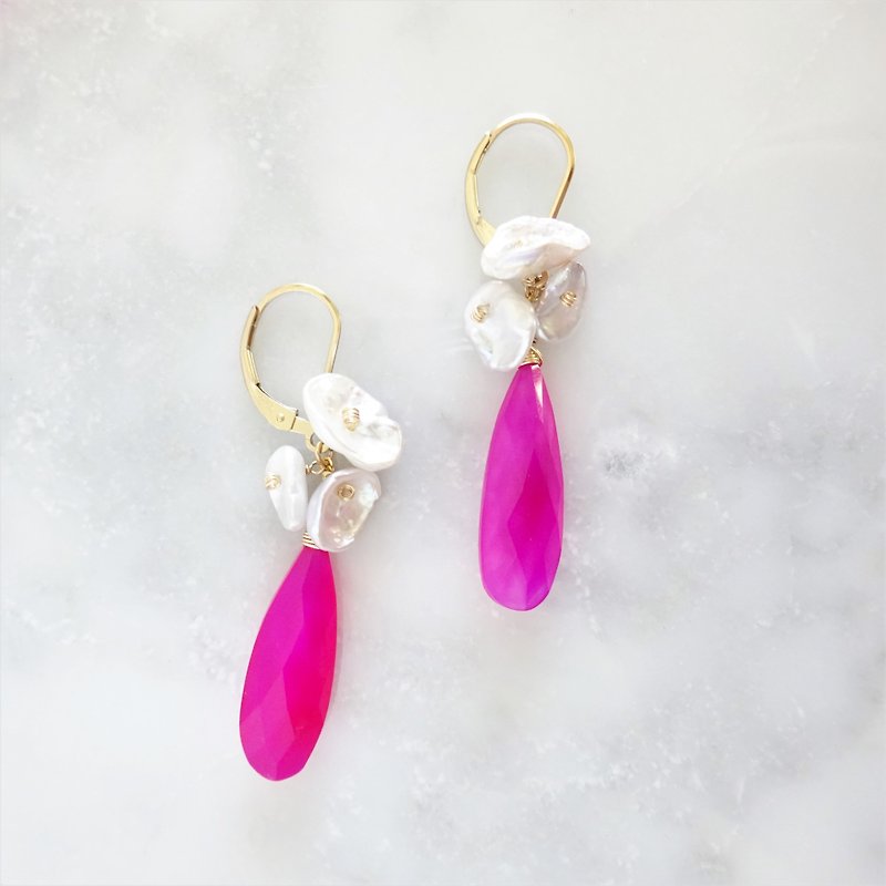 14kgf Fuchsia pink Chalcedony Blooming pierced earring / earring** - 耳环/耳夹 - 宝石 粉红色