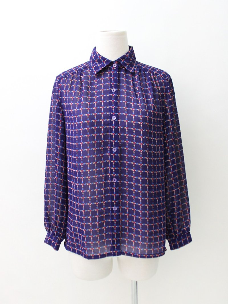【RE0407T1899】复古蓝紫色几何印花格子格纹古着衬衫 - 女装衬衫 - 聚酯纤维 紫色