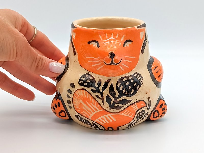 陶瓷狐狸可爱13盎司可爱马克杯无柄陶瓷马克杯陶瓷杯手工制作 - 咖啡杯/马克杯 - 陶 橘色