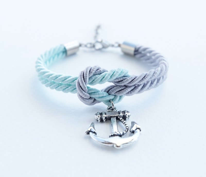 Light gray/Light mint knot rope bracelet with anchor charm - 手链/手环 - 其他材质 绿色